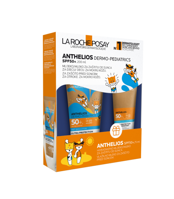 La Roche Posay Anthelios Wet Skin Losion za mokru ili suhu kožu za zaštitu od sunca za djecu SPF50+ 200ml + hidratantni losion za zaštitu od sunca za lice i tijelo SPF50+ 75ml